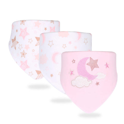 Simple printed baby cotton saliva towels with stars and moon pattern, set of three, anti-fouling, suitable for 0-3 years old.