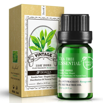 10ml tea tree essential oil bottle and packaging by Boquanya, features vintage design for moisturizing and pore-shrinking benefits.