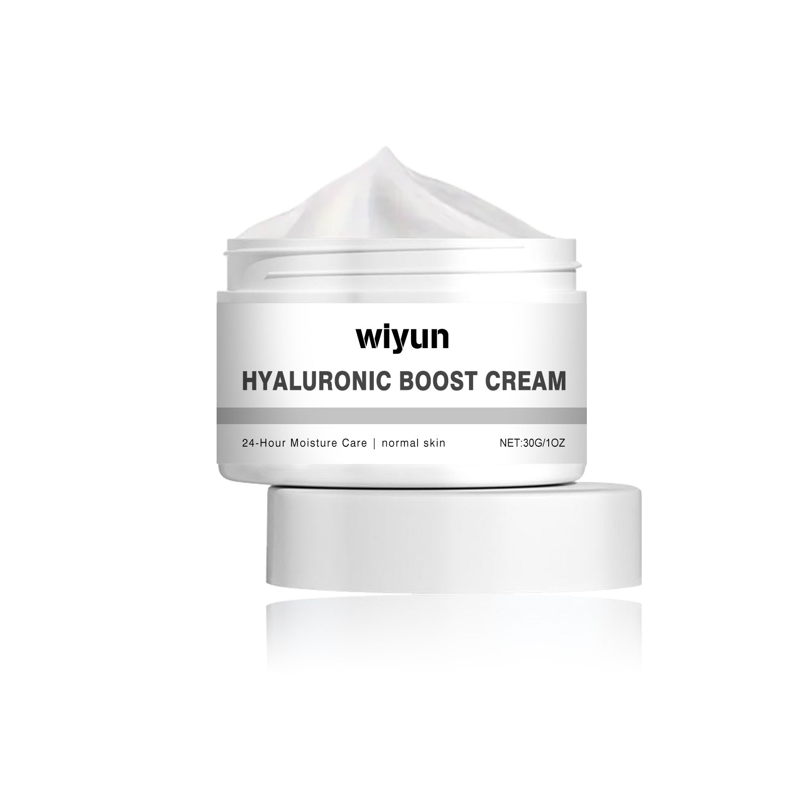 Hyaluronic Boost Cream jar with open lid, offering 24-hour moisture care for normal skin, featuring hydrating ingredients.