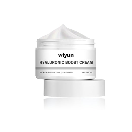 Hyaluronic Boost Cream jar with open lid, offering 24-hour moisture care for normal skin, featuring hydrating ingredients.