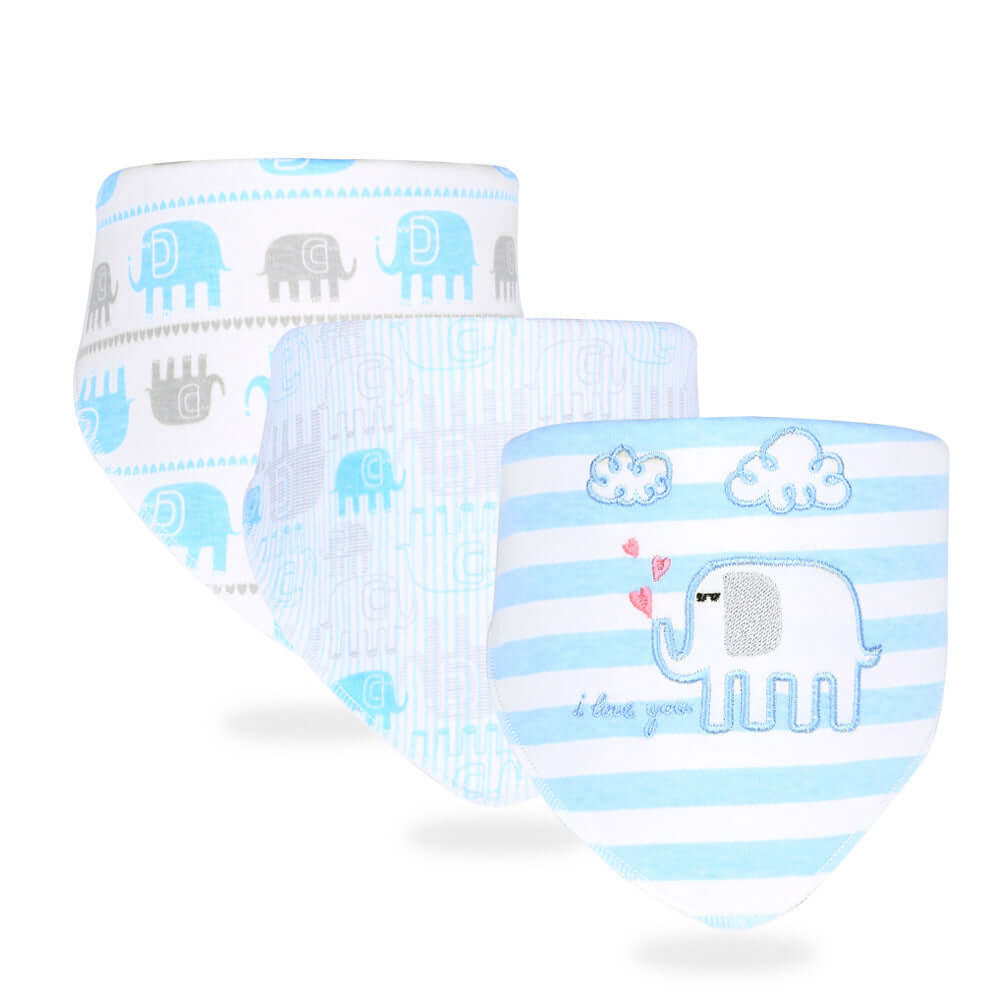 Three cotton baby saliva towels with elephant patterns in blue and white, perfect for anti-fouling protection for infants and toddlers.