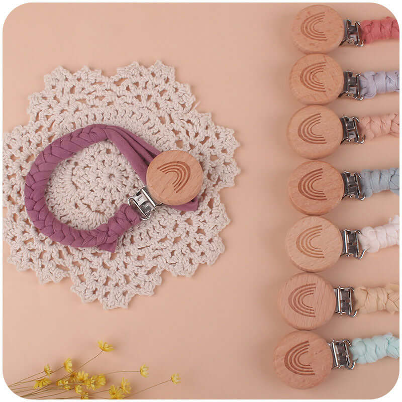 "Rainbow Beech Wood Pacifier Clip - Safe and Stylish Baby Product"