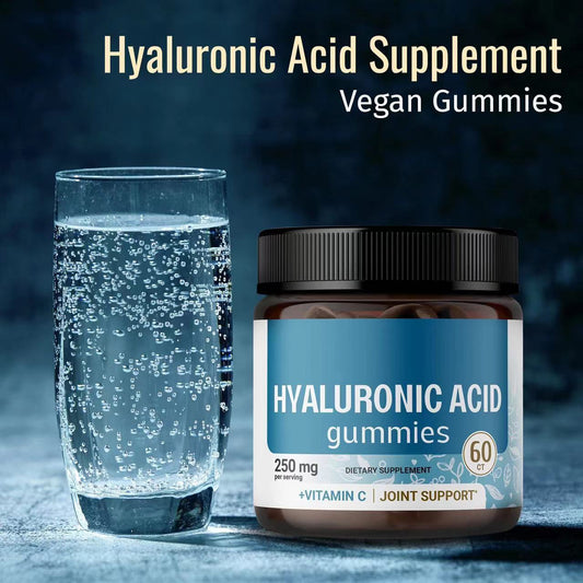 Hyaluronic Acid Gummies jar next to a glass of water, highlighting vegan supplement benefits for joint support and vitamin C.