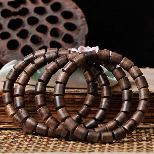 "Agarwood Barrel Bead Bracelet - Black Oil Wooden Bracelet for Men and Women"