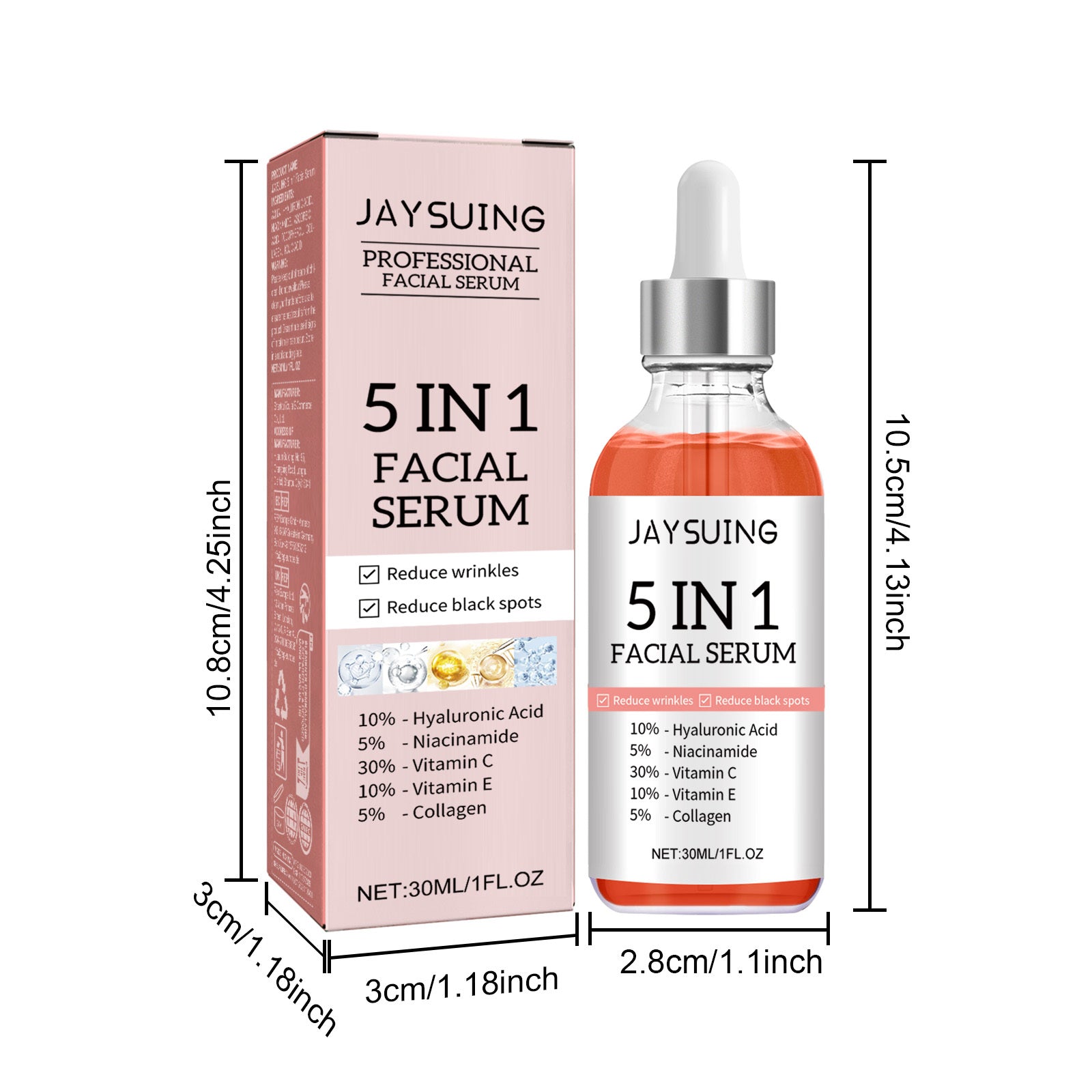 "JaySuIng 5 In 1 Facial Serum with Vitamin C, Hyaluronic Acid, Niacinamide, Vitamin E, and Collagen for anti-aging skincare"