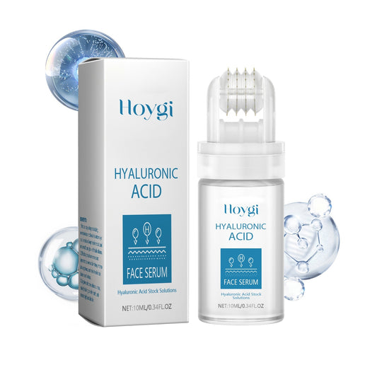 Hyaluronic acid serum bottle and packaging with molecules, 10ml glass container for moisturizing skincare, featuring a precision applicator.
