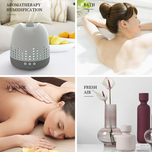Aromatherapy diffuser, relaxing bath, soothing massage, and fresh air with essential oils for a calming experience.