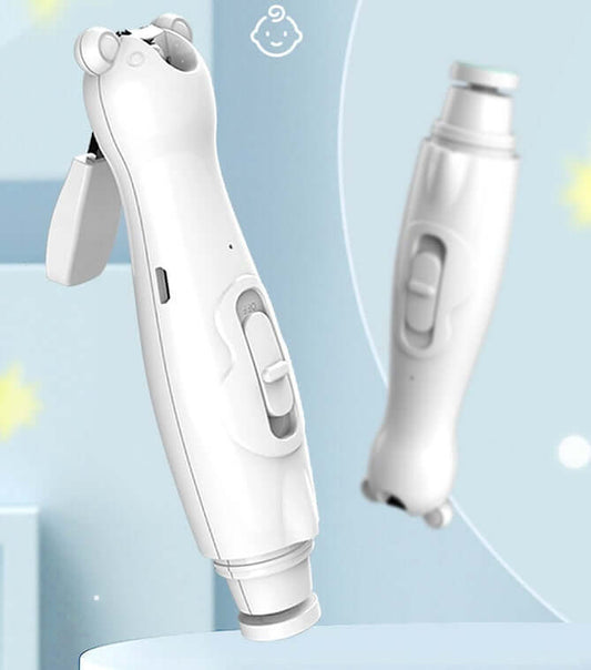 Rechargeable nail clippers with grinding head and USB charging cable for baby care.
