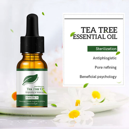 "Firstsun tea tree essential oil bottle with benefits: sterilization, anti-inflammatory, pore refining, mood support."