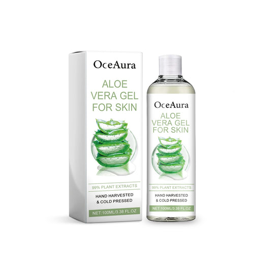 Organic aloe vera gel with box packaging, 100ml, hand harvested and cold pressed for skin care.