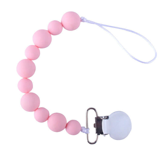 Pink silicone pacifier clip chain for babies, prevents pacifier from falling, suitable for over 3 months, 24cm long.