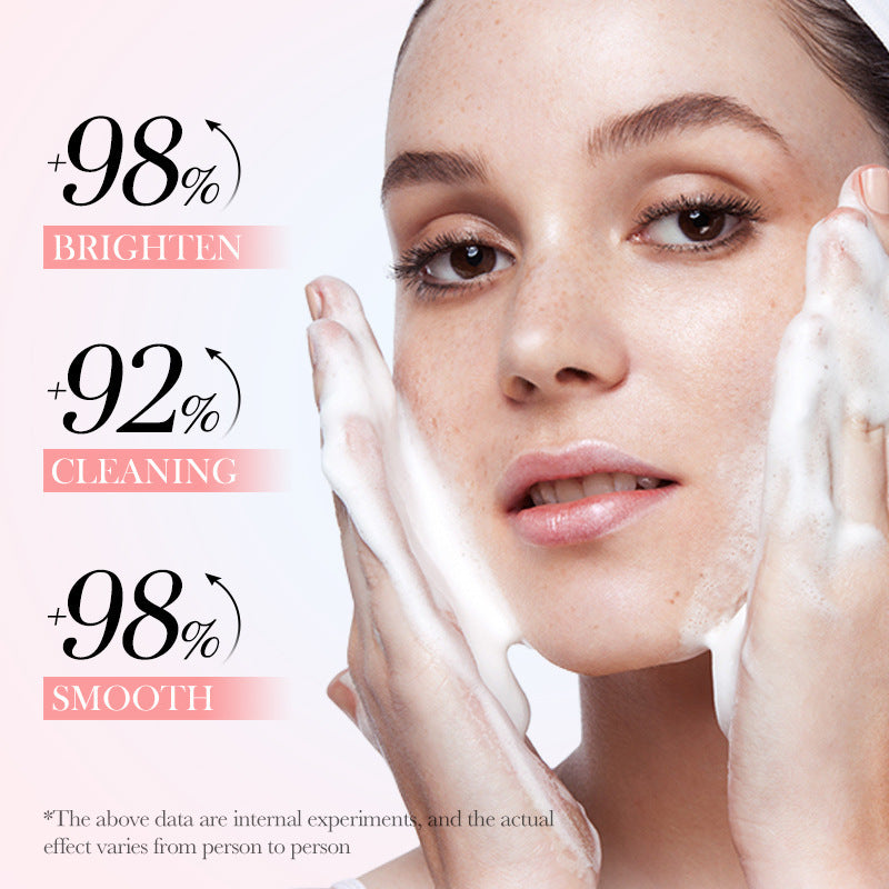 Woman using Hyaluronic Acid Amino Acid Cleansing Mousse with text indicating 98% brighten, 92% cleaning, and 98% smooth effects.