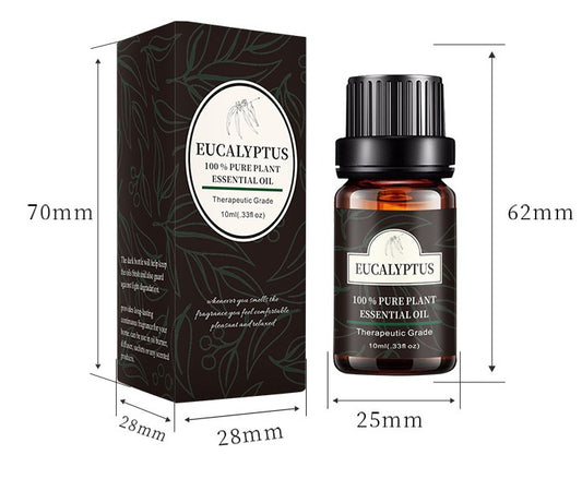 Eucalyptus essential oil bottle and box, therapeutic grade, 10ml, with dimensions listed in millimeters.