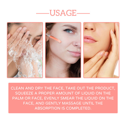 Instructions for applying facial serum: clean face, apply serum, massage gently for absorption.