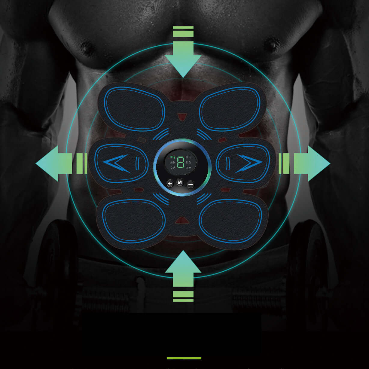 Home exercise muscle stimulator on muscular torso, showing training fitness equipment designed for fitness and body improvement