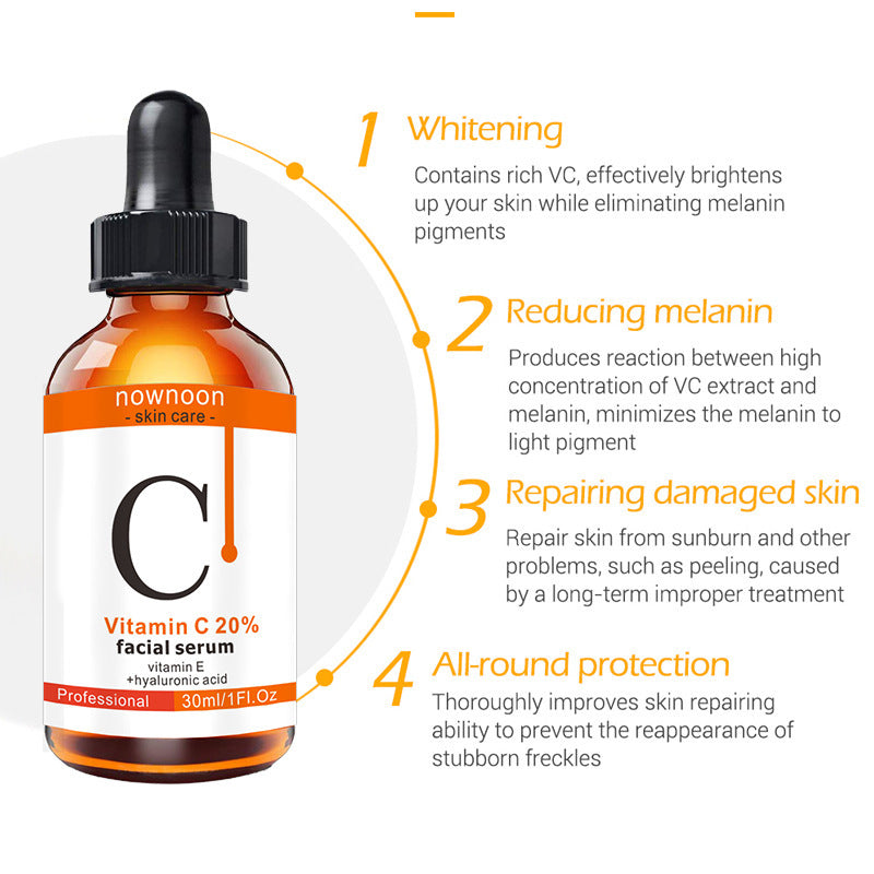 Vitamin C 20% Facial Serum 30ml bottle with benefits including whitening, reducing melanin, repairing damaged skin, and all-round protection.