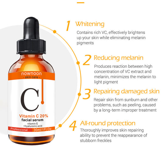 Vitamin C 20% Facial Serum 30ml bottle with benefits including whitening, reducing melanin, repairing damaged skin, and all-round protection.
