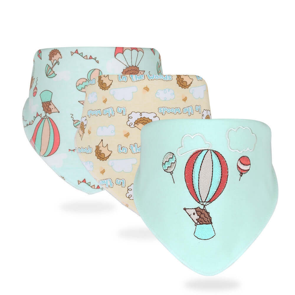 Simple printed baby cotton saliva towels with colorful animal and hot air balloon patterns in a set of three.