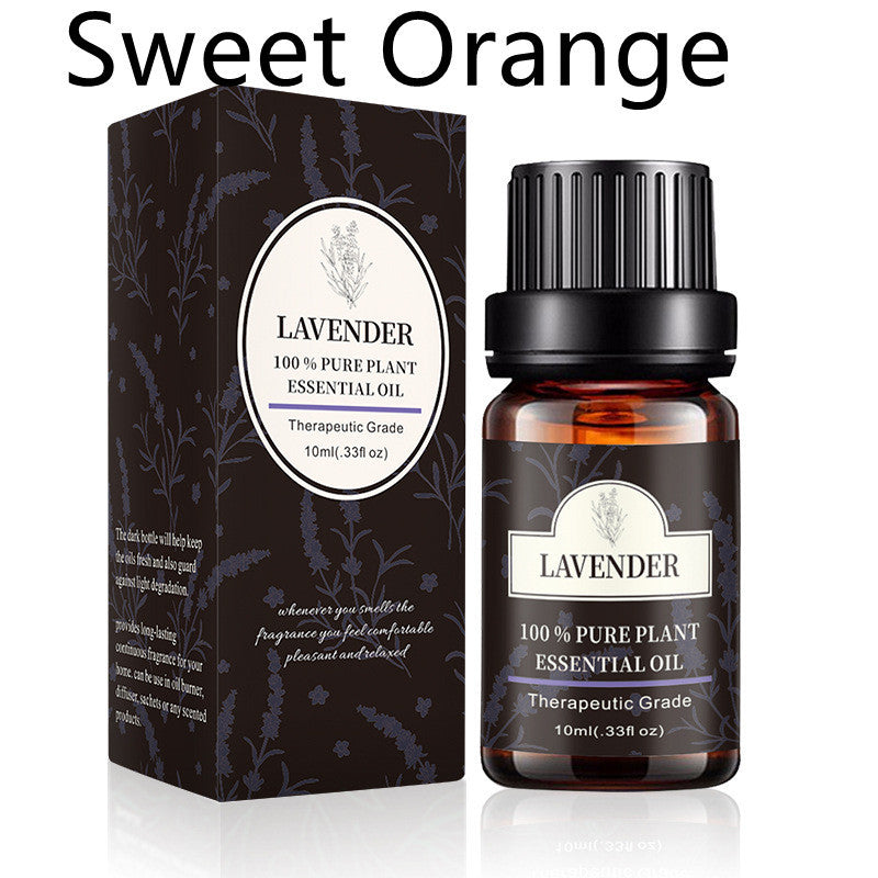Lavender essential oil bottle and packaging labeled Therapeutic Grade with text Sweet Orange above, 10ml liquid for aromatherapy.