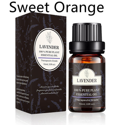 Lavender essential oil bottle and packaging labeled Therapeutic Grade with text Sweet Orange above, 10ml liquid for aromatherapy.