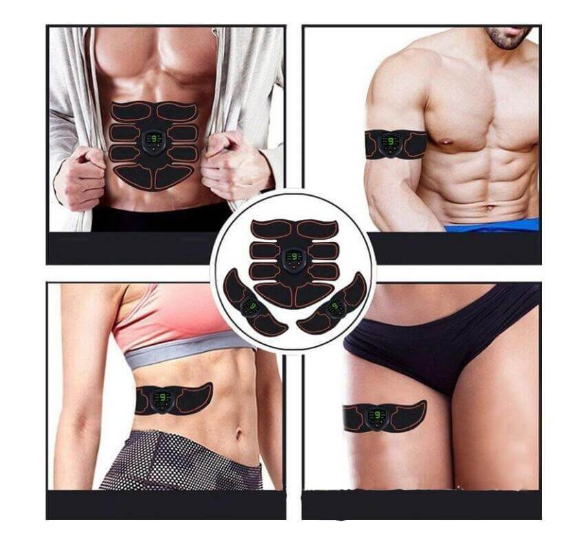 Fitness equipment home exercise abdominal patch on various body parts showing its versatility for a full-body workout and massage.