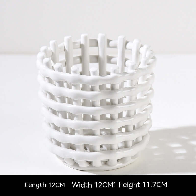 Hand-Woven Ceramic Storage Basket – Elegant Makeup Pen Container for Organized Beauty Essentials