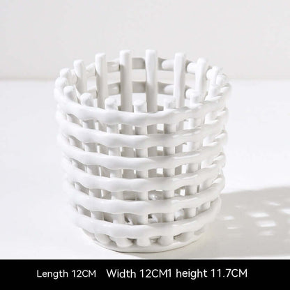 Hand-Woven Ceramic Storage Basket – Elegant Makeup Pen Container for Organized Beauty Essentials