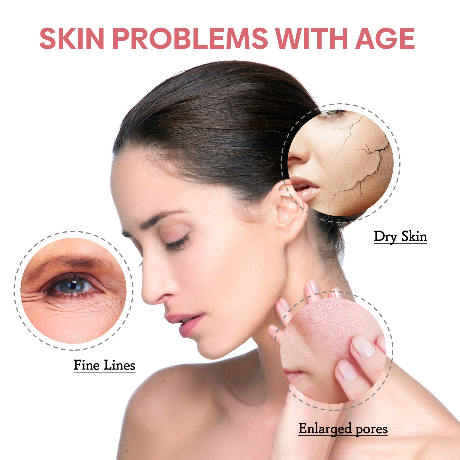 Woman highlighting skin problems with age, including fine lines, dry skin, and enlarged pores.