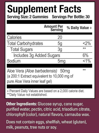 Aloe Vera Gummies supplement facts, 50mg Aloe Vera per serving, includes glucose syrup, sugar, no eggs, peanuts, tree nuts, or soy.