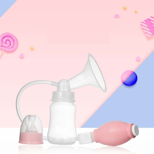 Pink silicone manual breast pump for mother and baby products against a colorful background.