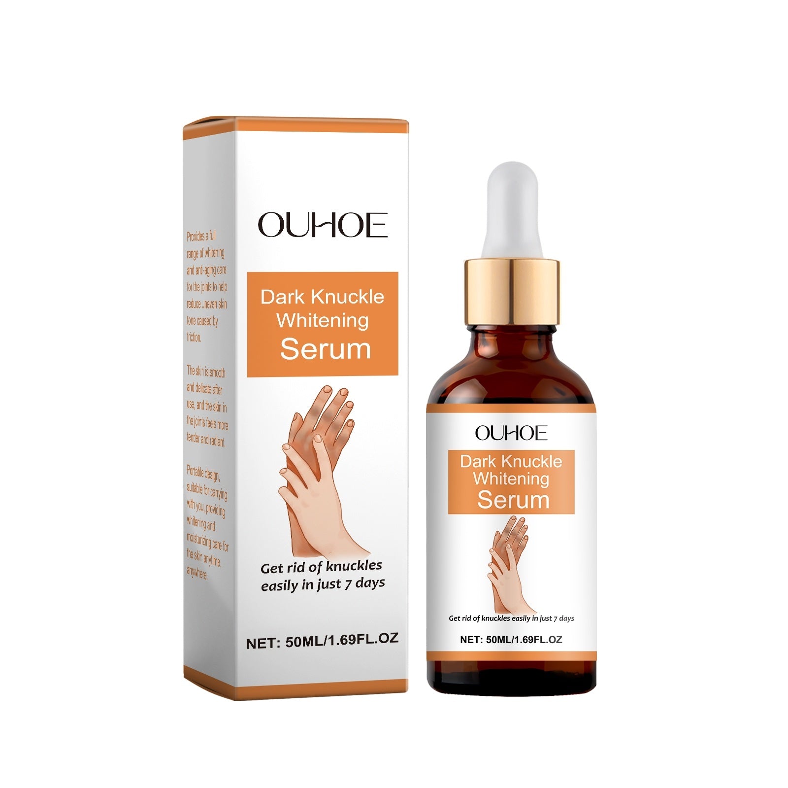 Dark Knuckle Whitening Serum bottle and packaging, OUHOE brand, showing product details and benefits for knuckle care.