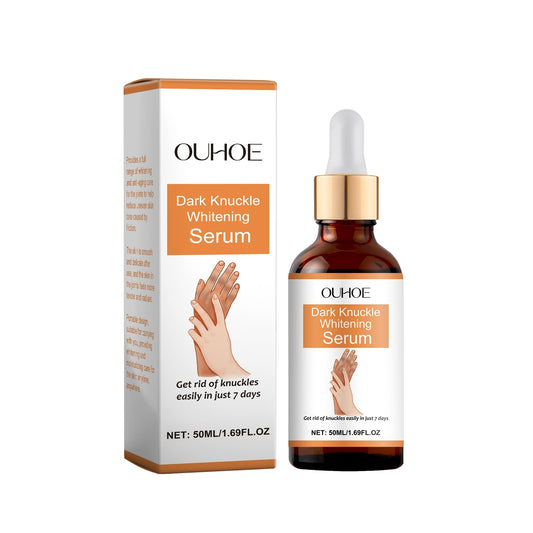 Dark Knuckle Whitening Serum bottle and packaging, OUHOE brand, showing product details and benefits for knuckle care.