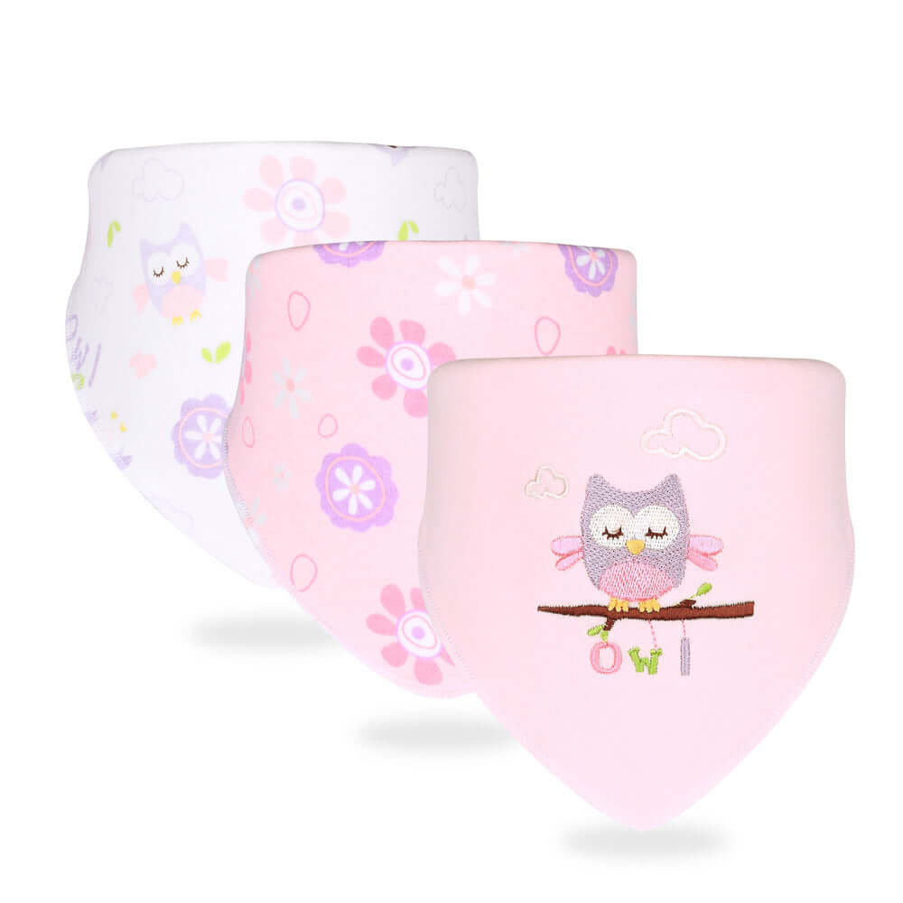 "Set of three cotton baby saliva towels with owl pattern in pastel colors, ideal for anti-fouling, suitable for 0-3 years old"