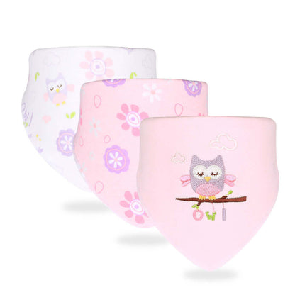 "Set of three cotton baby saliva towels with owl pattern in pastel colors, ideal for anti-fouling, suitable for 0-3 years old"