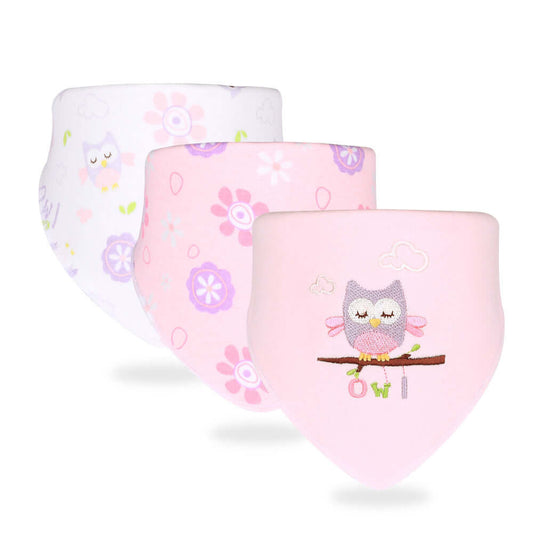 "Set of three cotton baby saliva towels with owl pattern in pastel colors, ideal for anti-fouling, suitable for 0-3 years old"