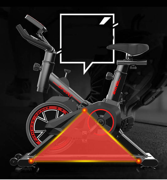 New sports bike exercise equipment featuring adjustable seat, armrest, and foot pedals for a customizable workout; black and red design with flywheel.