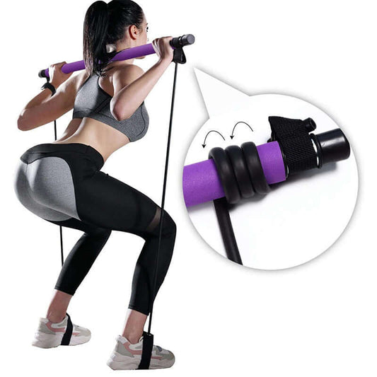 "Fitness yoga Pilates bar with portable gym accessories, including sport elastic bodybuilding resistance bands for home training and versatile workout routines."