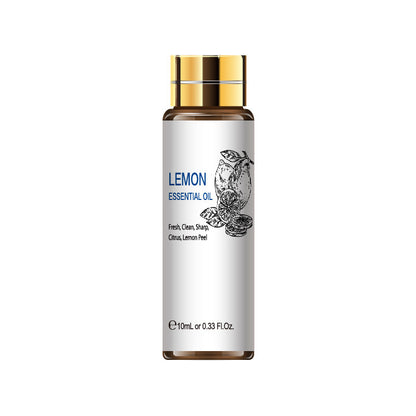 Lemon Essential Oil 10ml bottle with fresh citrus lemon peel design, perfect for aromatherapy and skincare benefits.