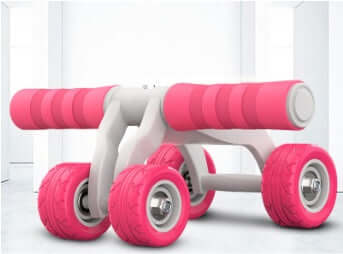 Four-wheel abdominal muscle exercise fitness equipment with pink wheels and soft foam handles for chest expansion and core workouts.
