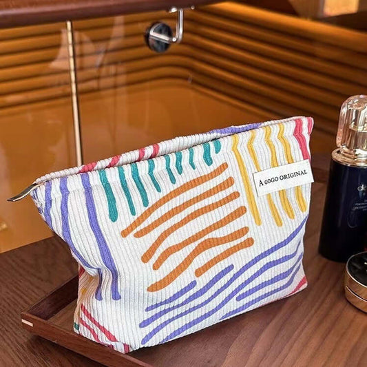Corduroy Contrast Color Striped Make-up Bag