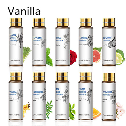 Collection of essential oils including vanilla, lemon grass, peppermint, rose, tangerine, bergamot, tea tree, and more.