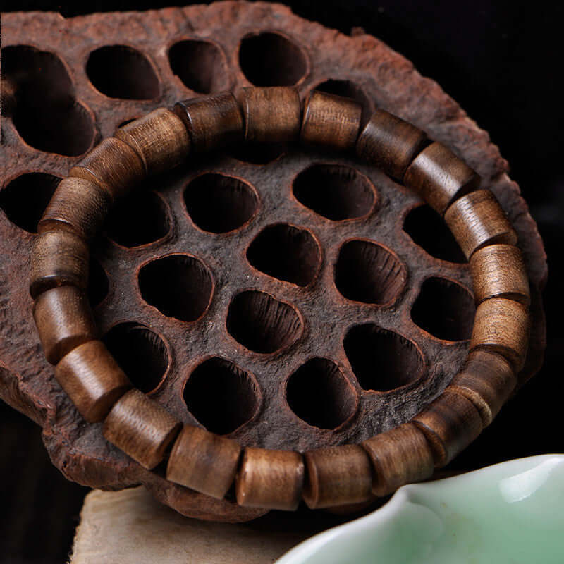 "Agarwood Barrel Bead Bracelet - Black Oil Wooden Bracelet for Men and Women"