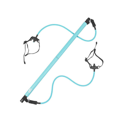 Lake blue Pilates fitness bar with elastic exercise ropes for comprehensive fitness training, suitable for females.