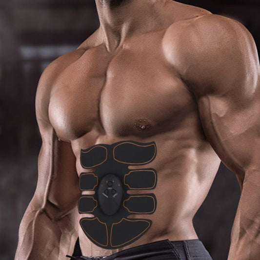 Man using abdominal patch fitness equipment for muscle toning with mechanical control and battery power.