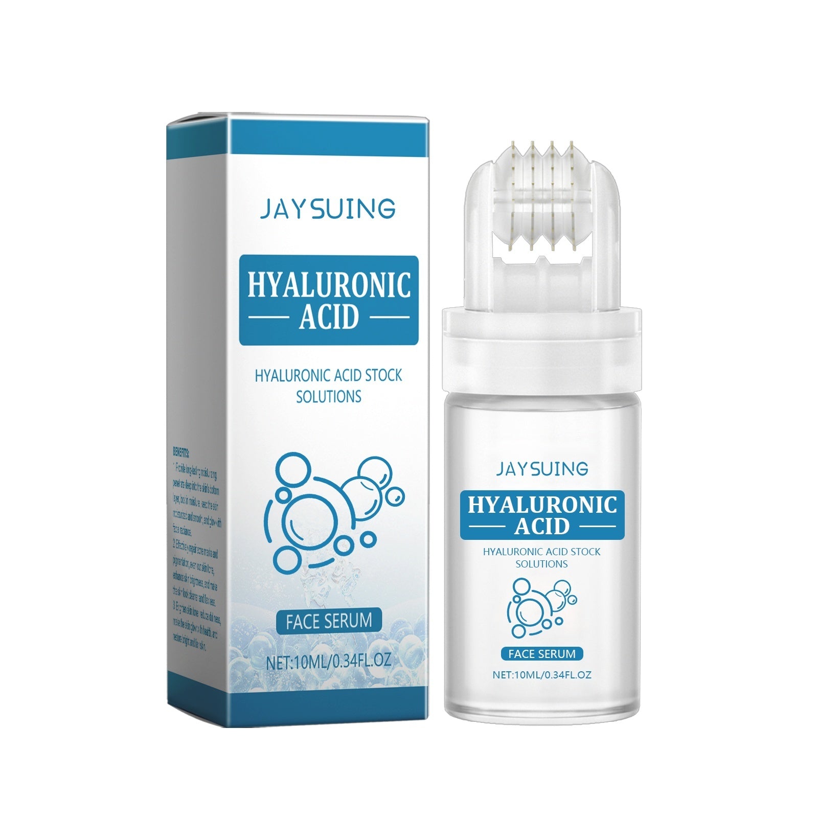 Hyaluronic Acid Face Serum with Packaging, 10ml, featuring hydration benefits with hyaluronic acid, collagen, elastin, and aloe extract.