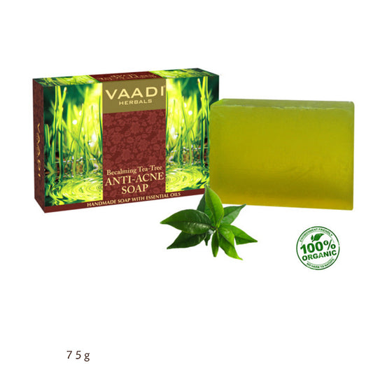 Vaadi Herbals organic tea tree anti-acne soap with essential oils, 75g bar, in eco-friendly packaging.