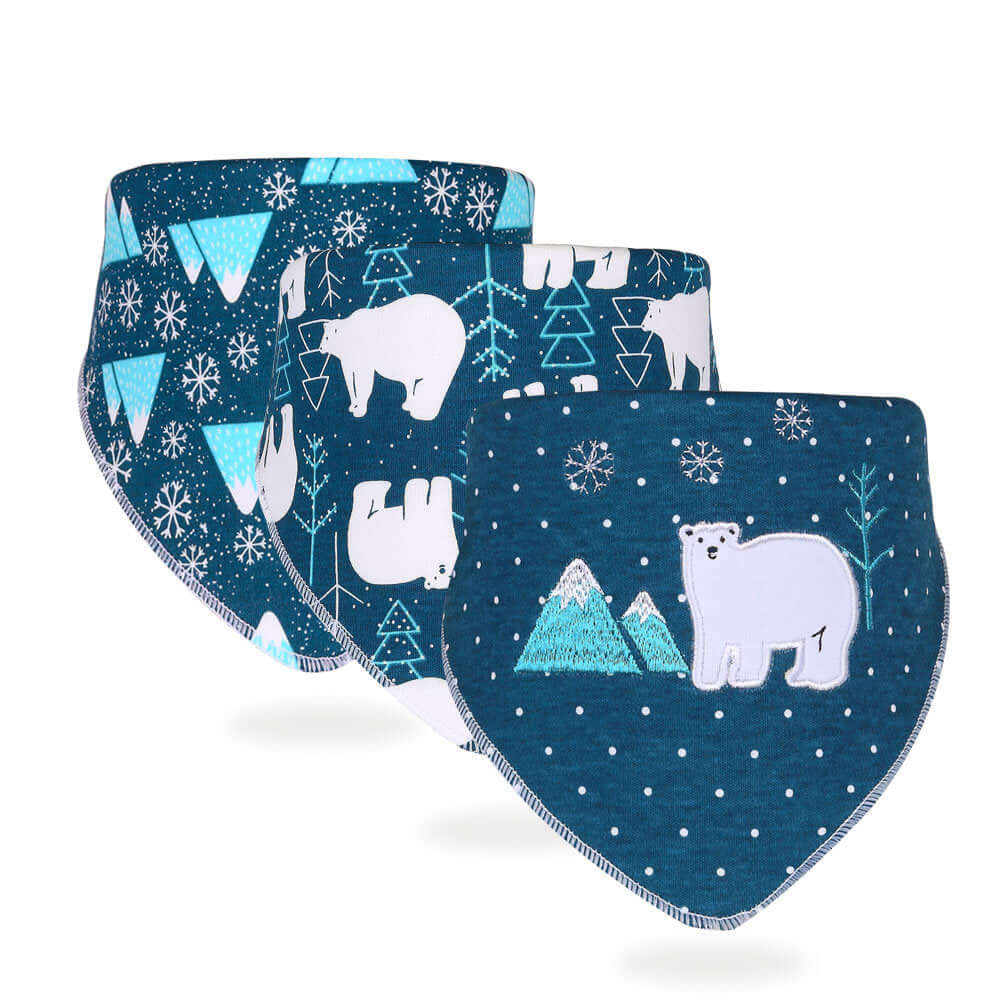 Set of three cotton baby saliva towels with polar bear and snowflake patterns in blue and white.