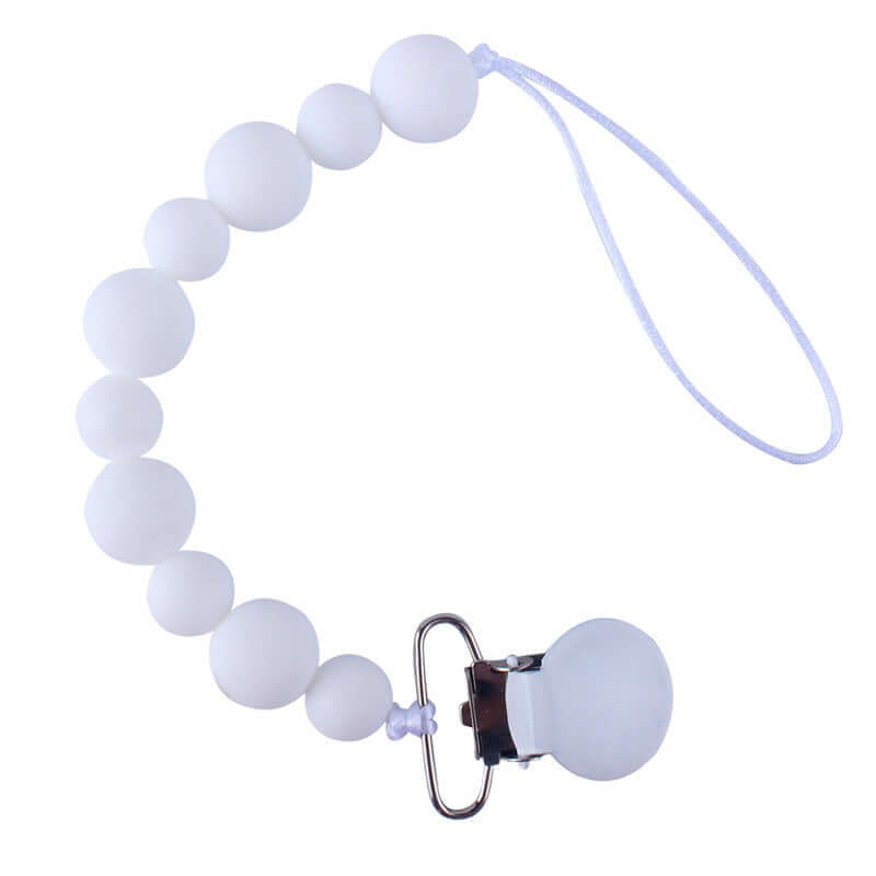White silicone pacifier clip chain with metal clamp for babies over 3 months, prevents pacifier from falling, lovely and safe design.