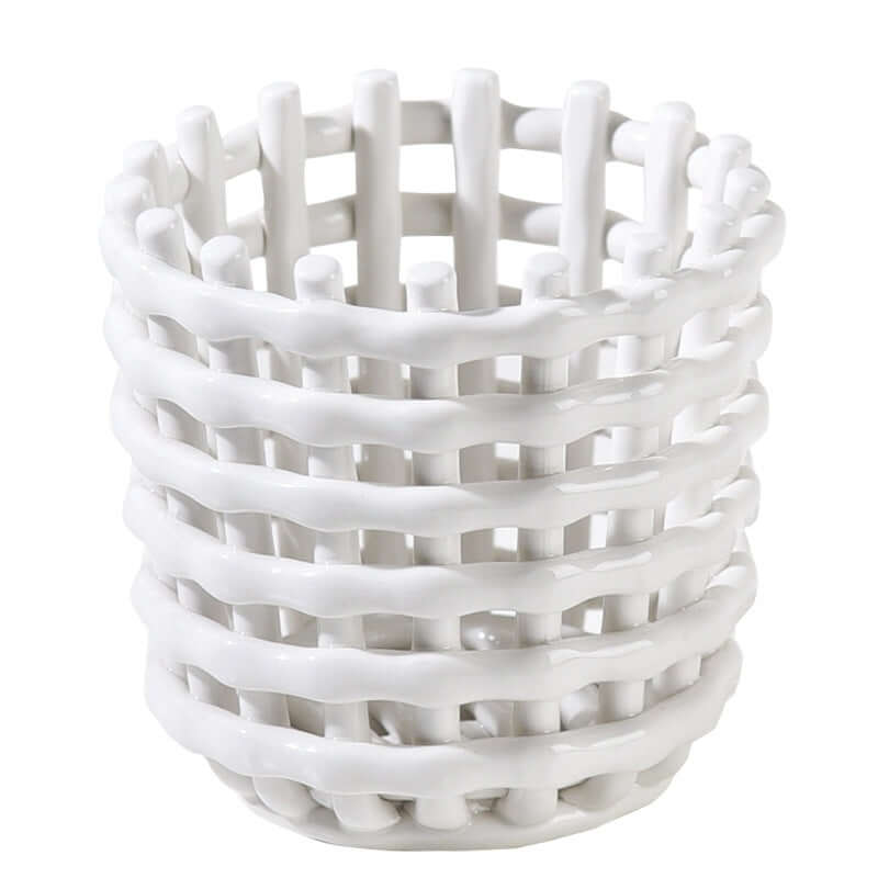 Hand-Woven Ceramic Storage Basket – Elegant Makeup Pen Container for Organized Beauty Essentials