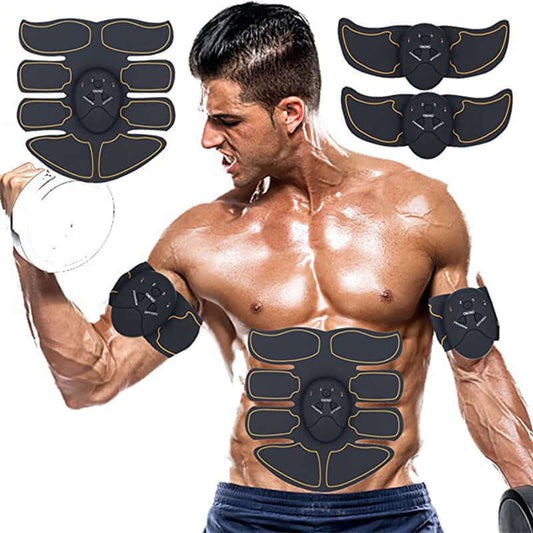 Man using fitness equipment home exercise abdominal patches for muscle stimulation and body massage.